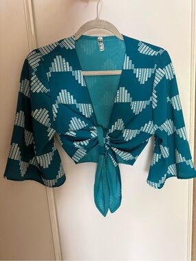 Hawaii's Finest Teal Geometric Tie-Front Crop Top